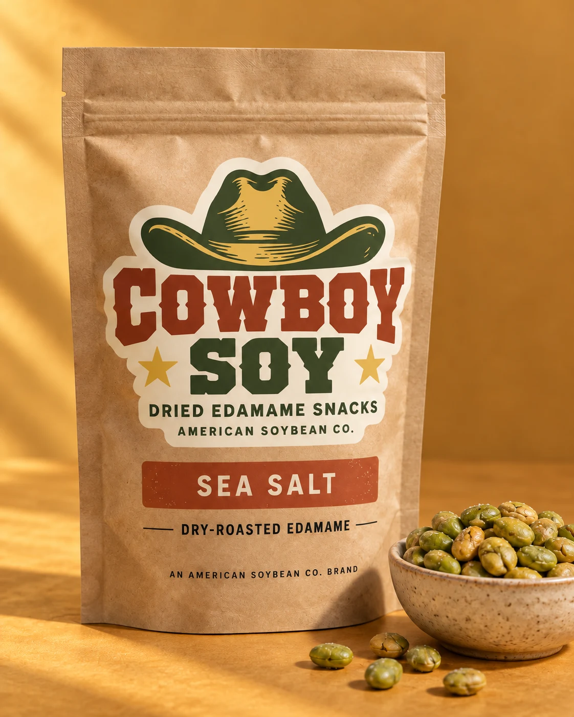 Cowboy Soy Sea Salt packaging concept: a kraft pouch carrying the rust, green and gold Red Dirt logo beside a bowl of roasted edamame